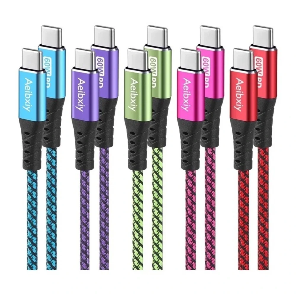 Aeibxiy USB C to C Cable, Nylon Braided‎ C 10Ft, 5Pack-Multicolored